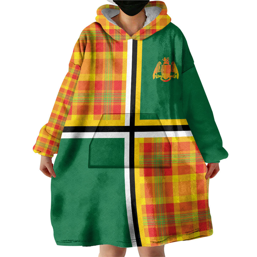 Dominica Creole Day Wearable Blanket Hoodie Coat Of Arms Madras Plaid Pattern
