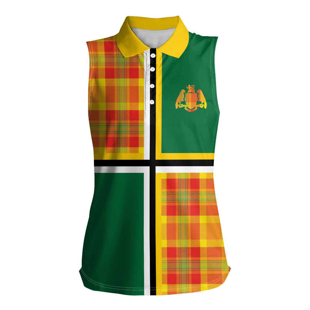 Dominica Creole Day Women Sleeveless Polo Shirt Coat Of Arms Madras Plaid Pattern