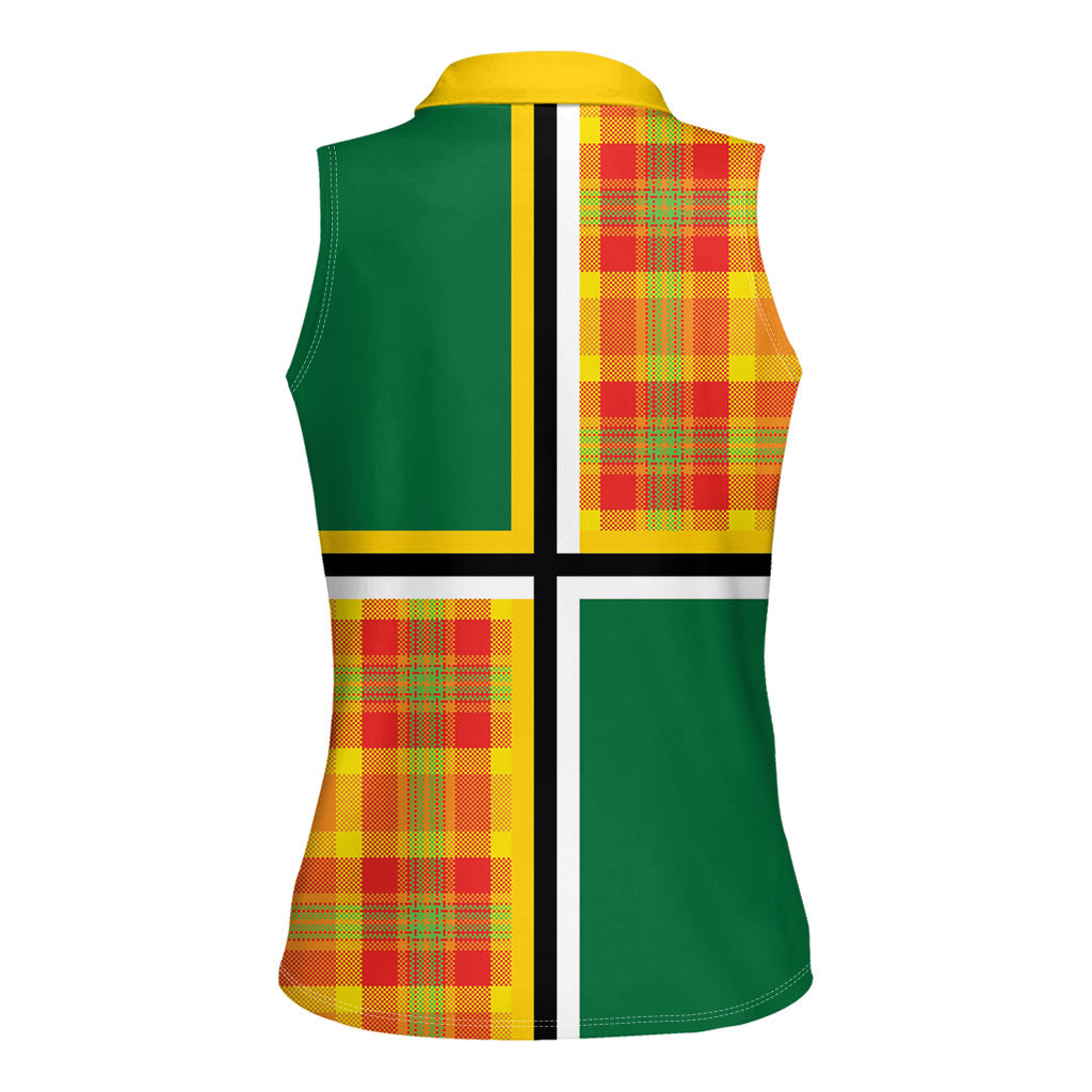 Dominica Creole Day Women Sleeveless Polo Shirt Coat Of Arms Madras Plaid Pattern