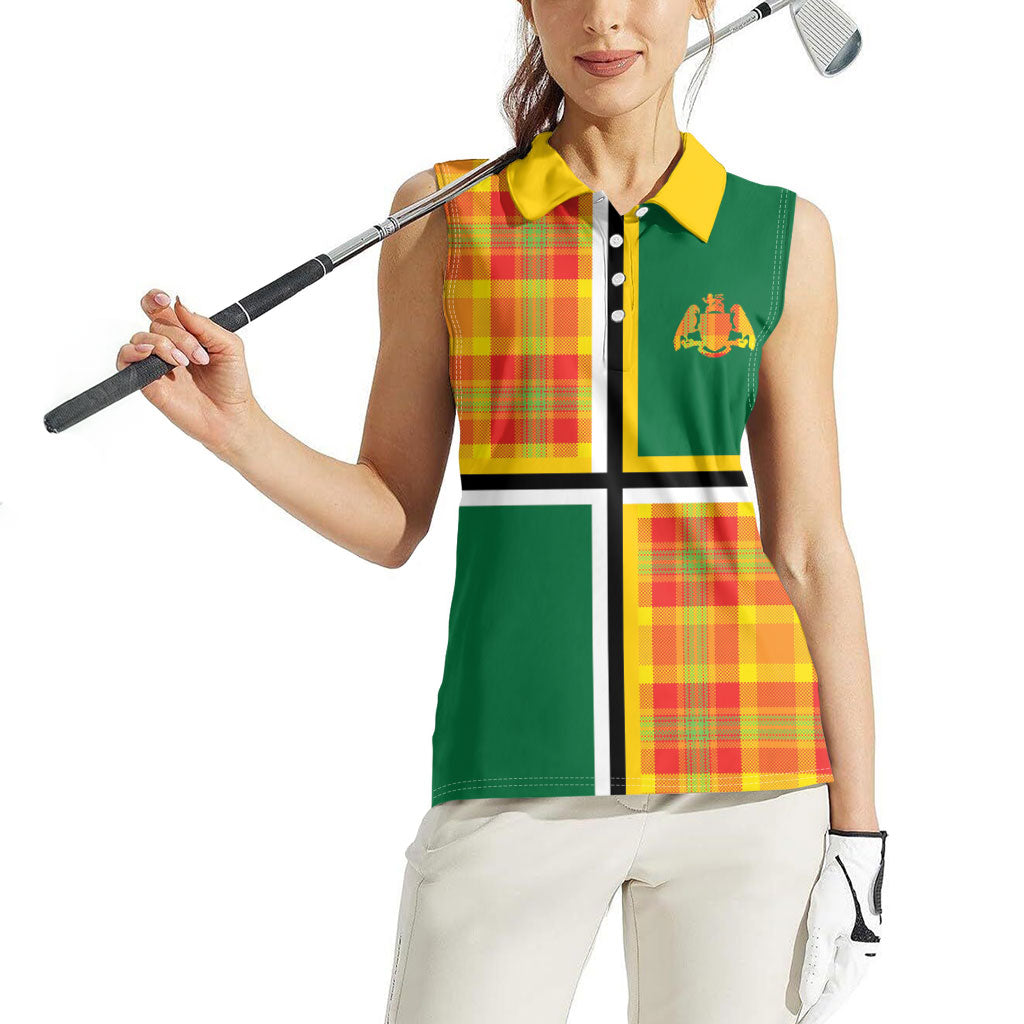Dominica Creole Day Women Sleeveless Polo Shirt Coat Of Arms Madras Plaid Pattern