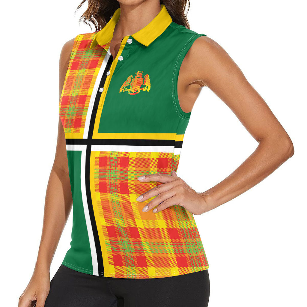 Dominica Creole Day Women Sleeveless Polo Shirt Coat Of Arms Madras Plaid Pattern