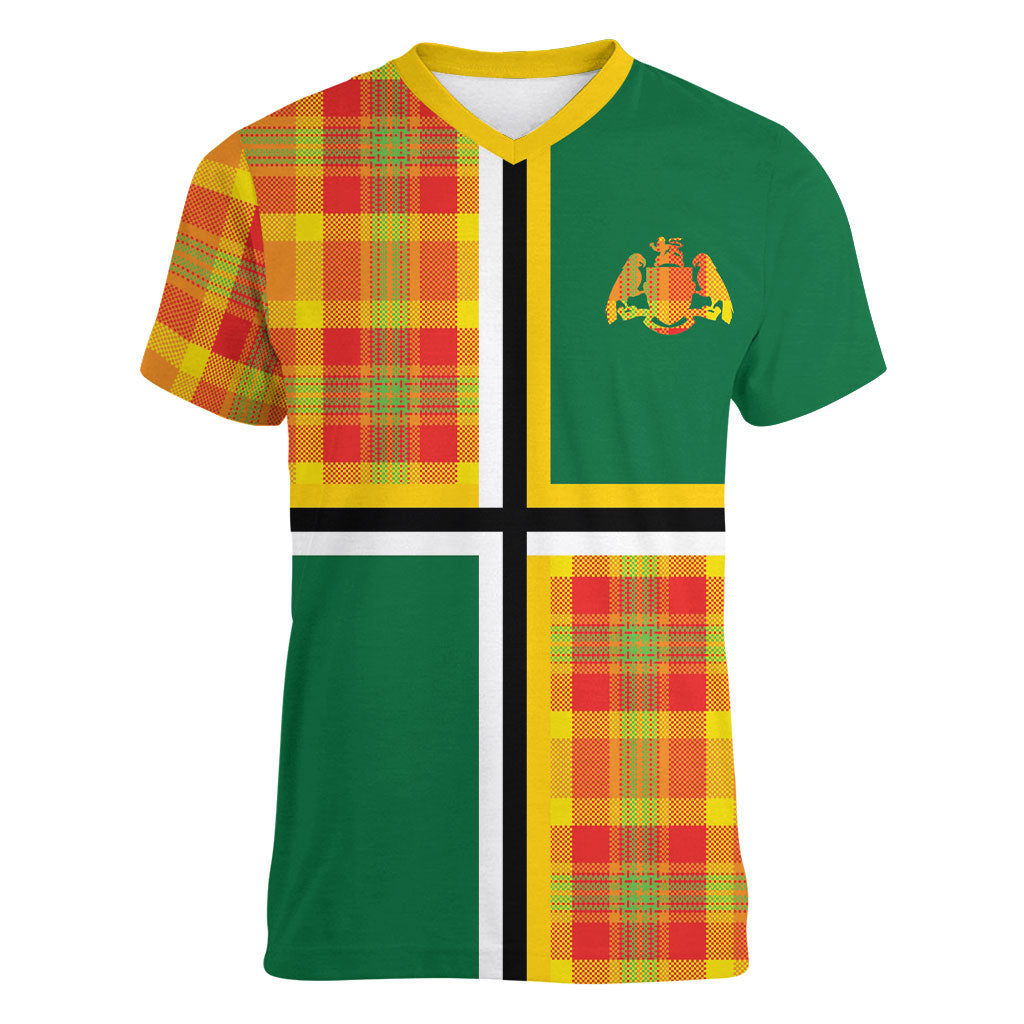 Dominica Creole Day Women V-Neck T-Shirt Coat Of Arms Madras Plaid Pattern