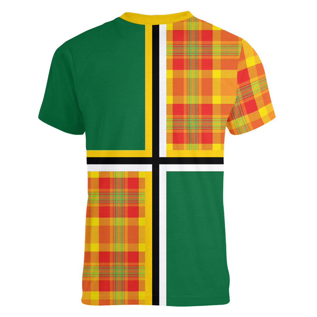 Dominica Creole Day Women V-Neck T-Shirt Coat Of Arms Madras Plaid Pattern