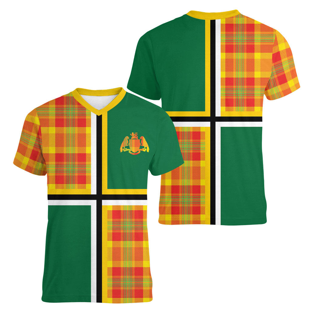 Dominica Creole Day Women V-Neck T-Shirt Coat Of Arms Madras Plaid Pattern