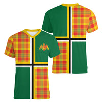 Dominica Creole Day Women V-Neck T-Shirt Coat Of Arms Madras Plaid Pattern