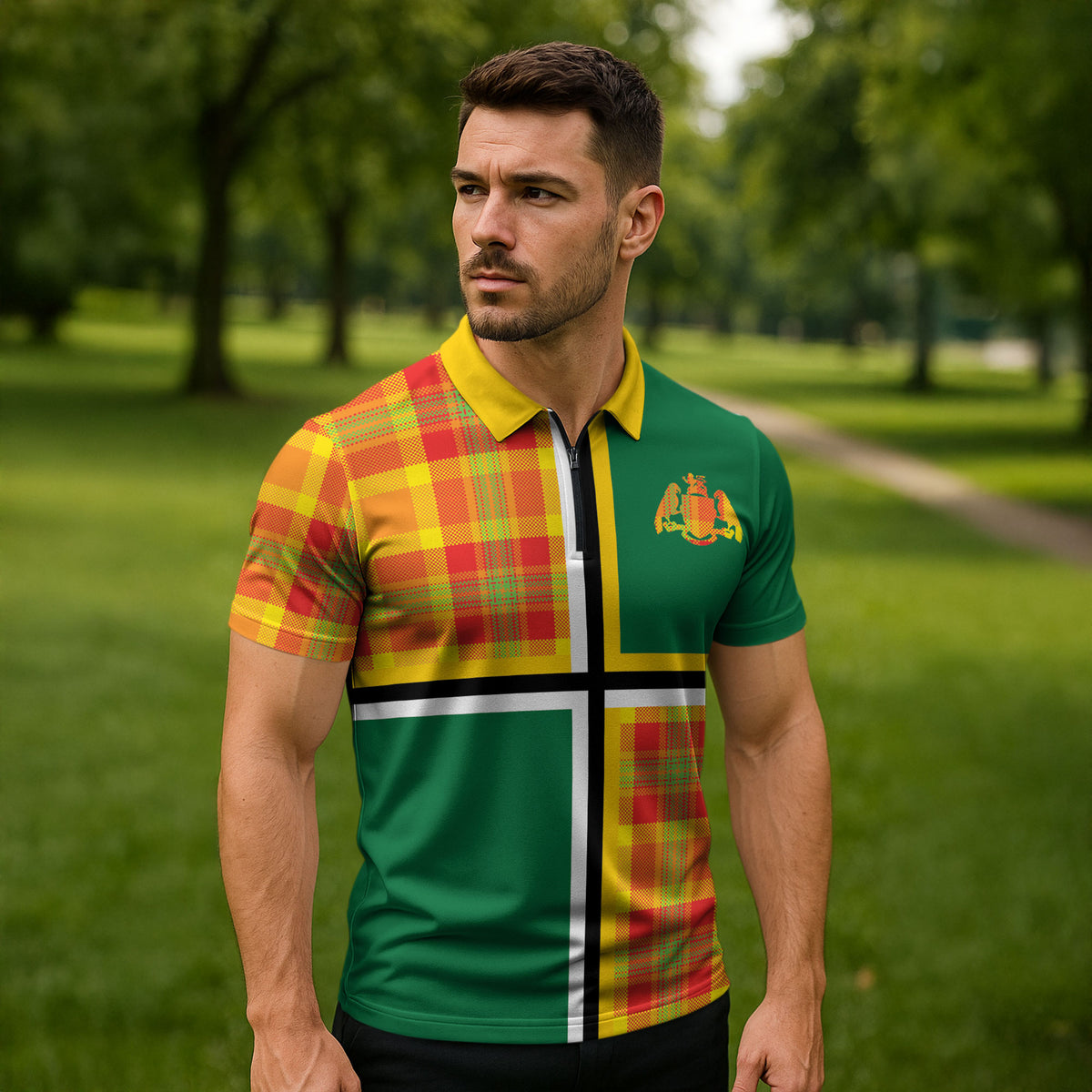Dominica Creole Day Zipper Polo Shirt Coat Of Arms Madras Plaid Pattern