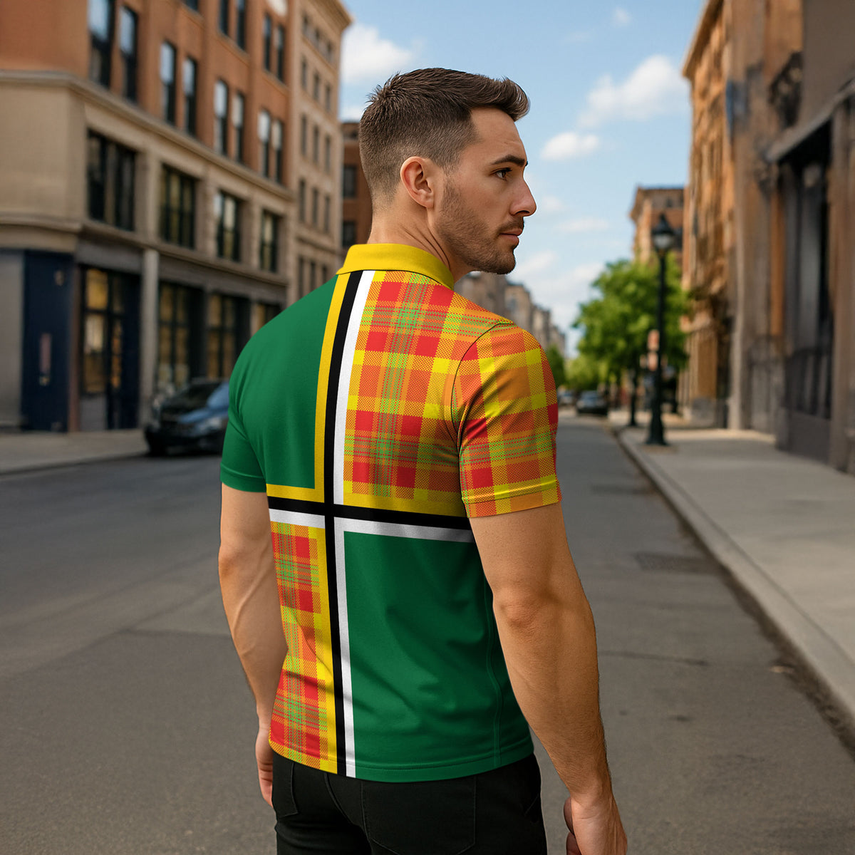 Dominica Creole Day Zipper Polo Shirt Coat Of Arms Madras Plaid Pattern