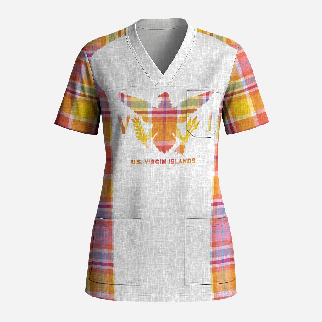 Personalized US Virgin Islands Scrub Top Eagle Madras Pattern