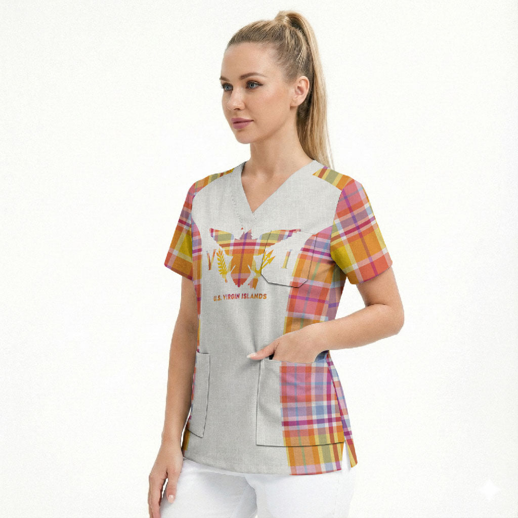 Personalized US Virgin Islands Scrub Top Eagle Madras Pattern
