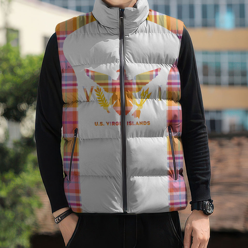 Personalized US Virgin Islands Sleeveless Puffer Jacket Eagle Madras Pattern