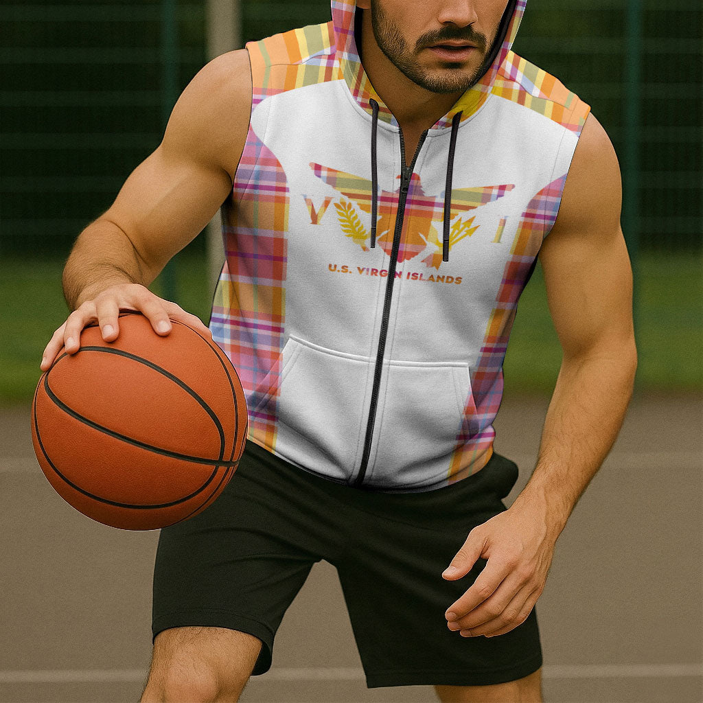 Personalized US Virgin Islands Sleeveless Zip Hoodie Eagle Madras Pattern