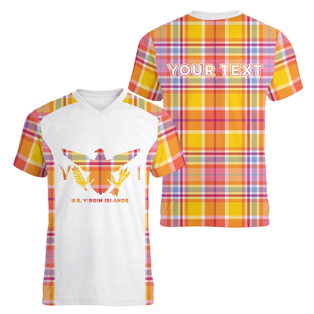 Personalized US Virgin Islands Women V-Neck T-Shirt Eagle Madras Pattern