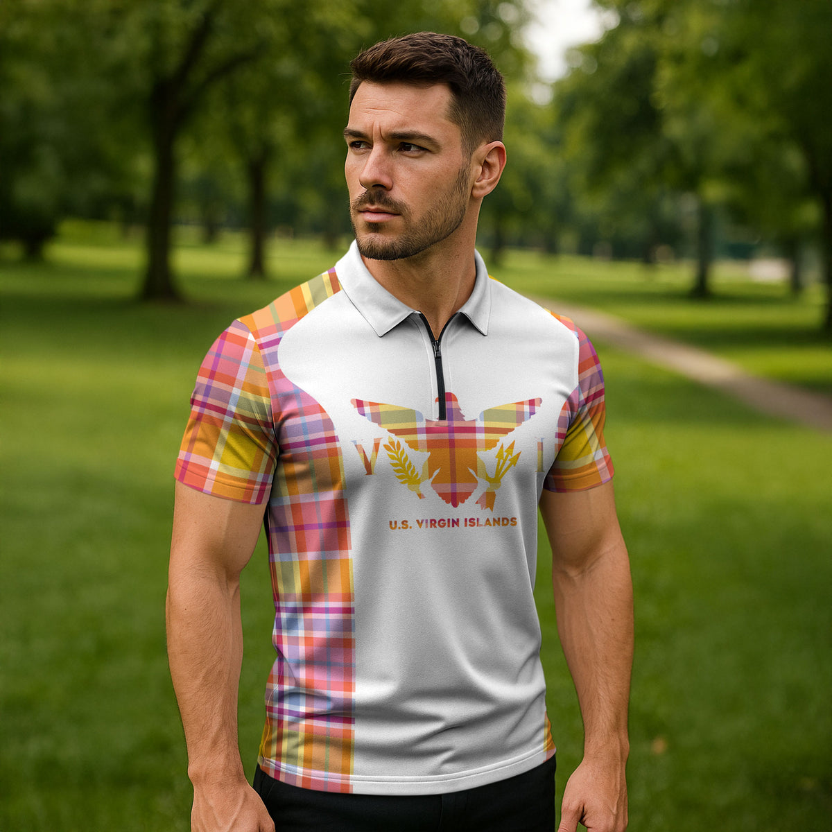 Personalized US Virgin Islands Zipper Polo Shirt Eagle Madras Pattern