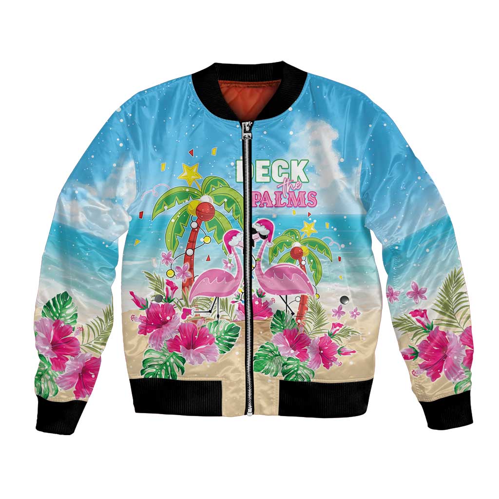 Hawaii Christmas Bomber Jacket Deck The Palms Holiday Flamingos LT05 - Wonder Print Shop