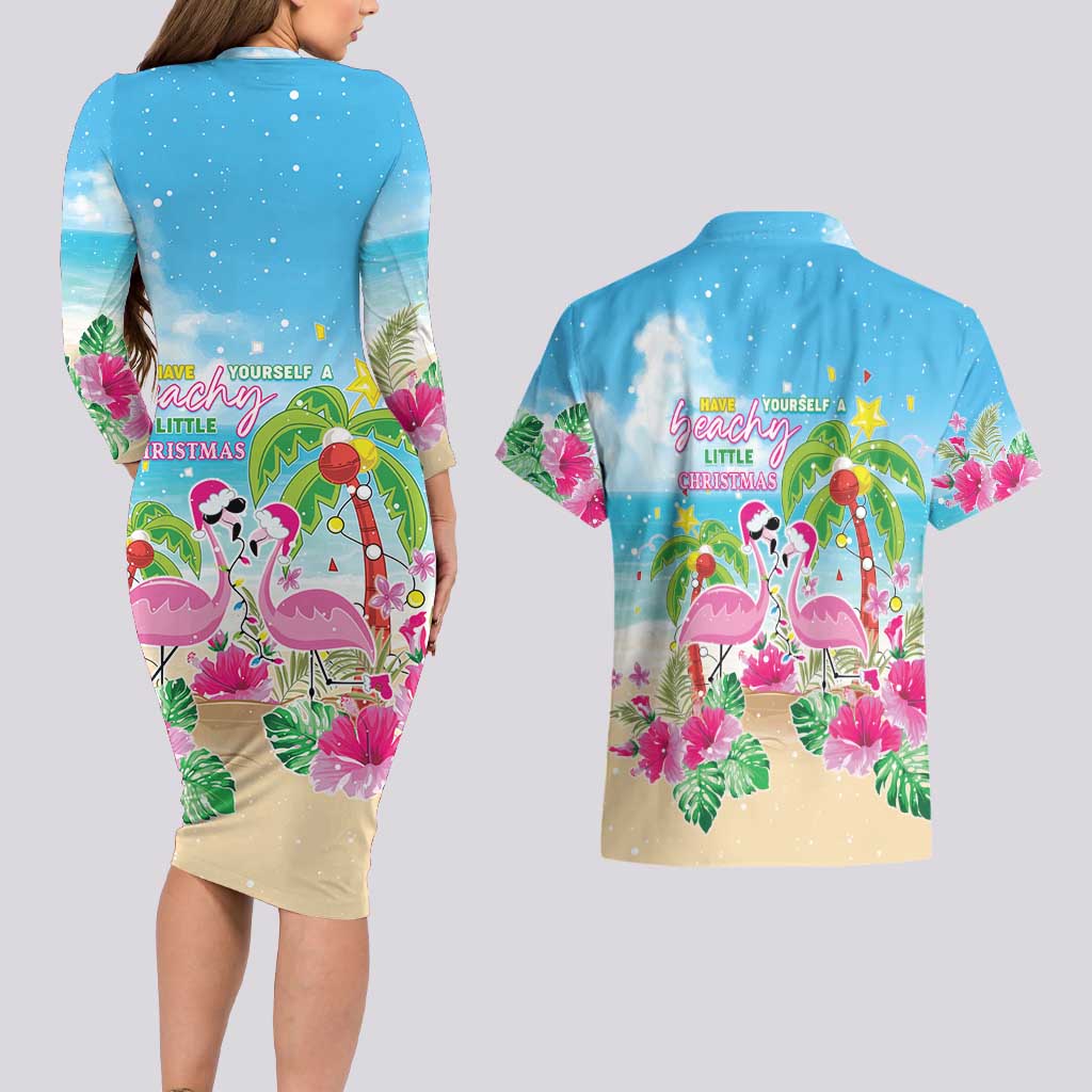 Hawaii Christmas Couples Matching Long Sleeve Bodycon Dress and Hawaiian Shirt Deck The Palms Holiday Flamingos LT05 - Wonder Print Shop