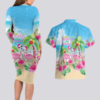 Hawaii Christmas Couples Matching Long Sleeve Bodycon Dress and Hawaiian Shirt Deck The Palms Holiday Flamingos LT05 - Wonder Print Shop