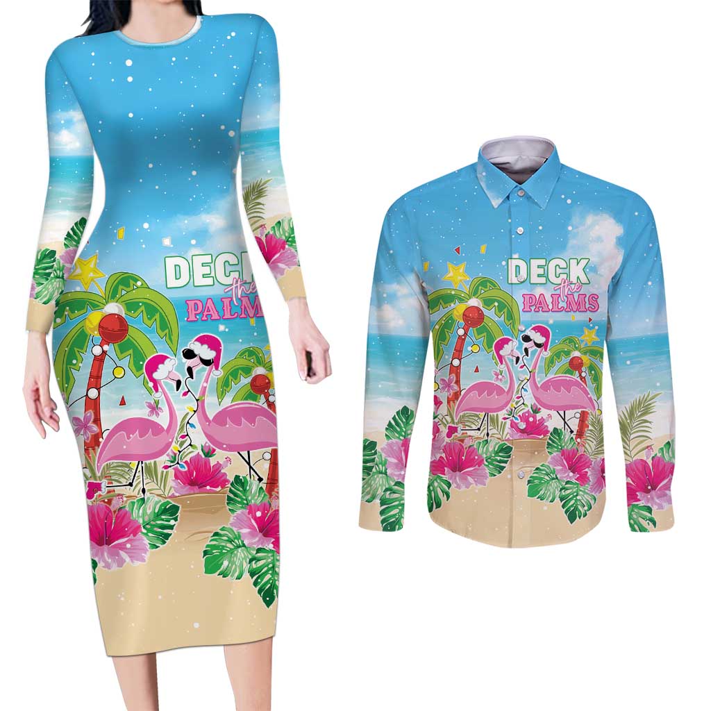 Hawaii Christmas Couples Matching Long Sleeve Bodycon Dress and Long Sleeve Button Shirt Deck The Palms Holiday Flamingos LT05 - Wonder Print Shop