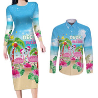 Hawaii Christmas Couples Matching Long Sleeve Bodycon Dress and Long Sleeve Button Shirt Deck The Palms Holiday Flamingos LT05 - Wonder Print Shop