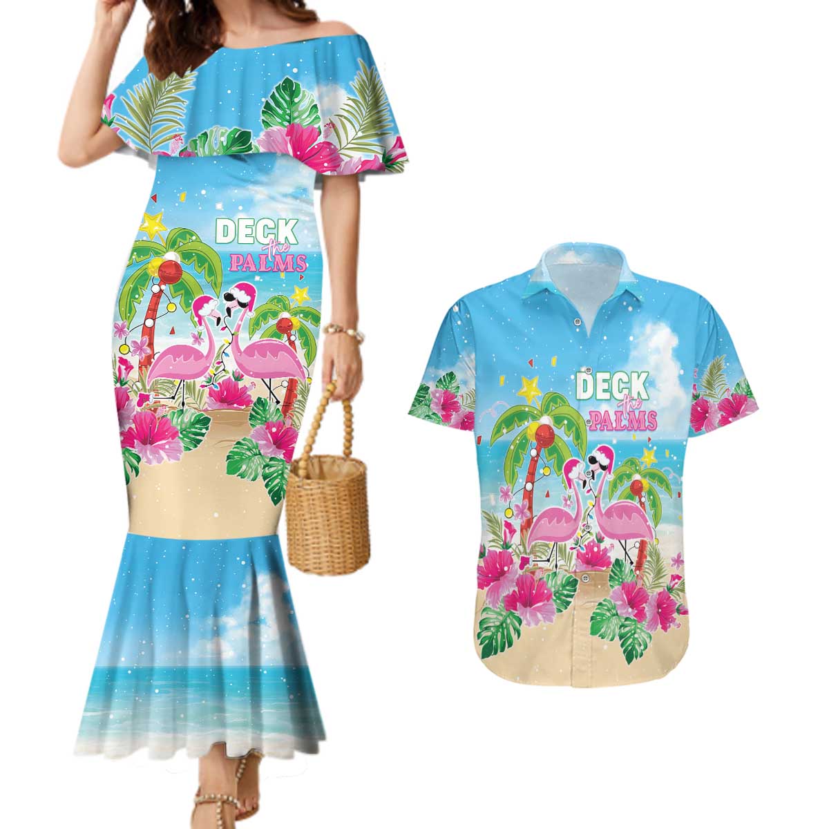 Hawaii Christmas Couples Matching Mermaid Dress and Hawaiian Shirt Deck The Palms Holiday Flamingos LT05 - Wonder Print Shop