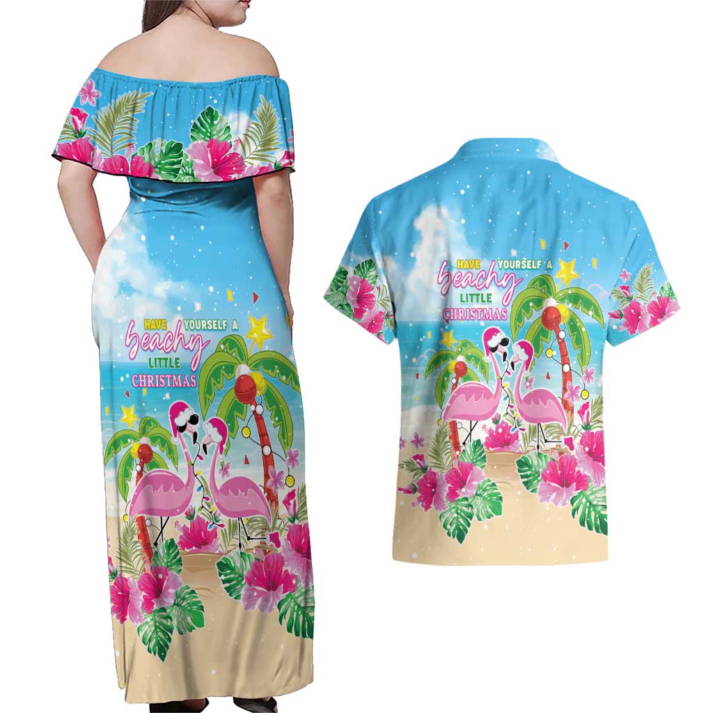 Hawaii Christmas Couples Matching Off Shoulder Maxi Dress and Hawaiian Shirt Deck The Palms Holiday Flamingos LT05 - Wonder Print Shop