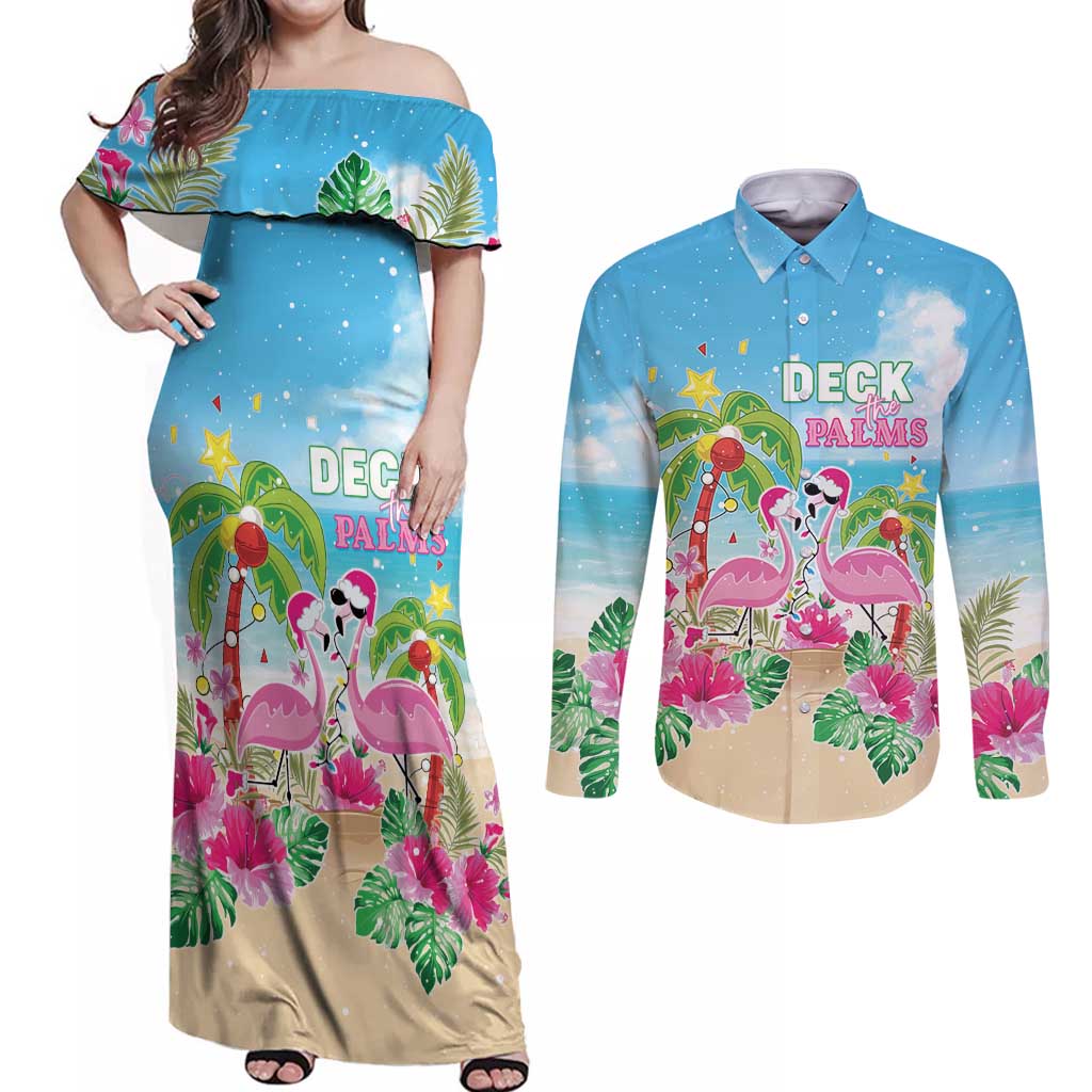 Hawaii Christmas Couples Matching Off Shoulder Maxi Dress and Long Sleeve Button Shirt Deck The Palms Holiday Flamingos LT05 - Wonder Print Shop