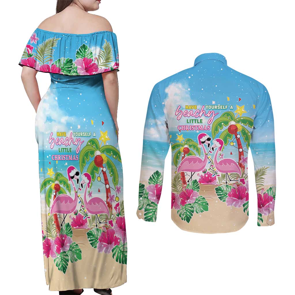 Hawaii Christmas Couples Matching Off Shoulder Maxi Dress and Long Sleeve Button Shirt Deck The Palms Holiday Flamingos LT05 - Wonder Print Shop