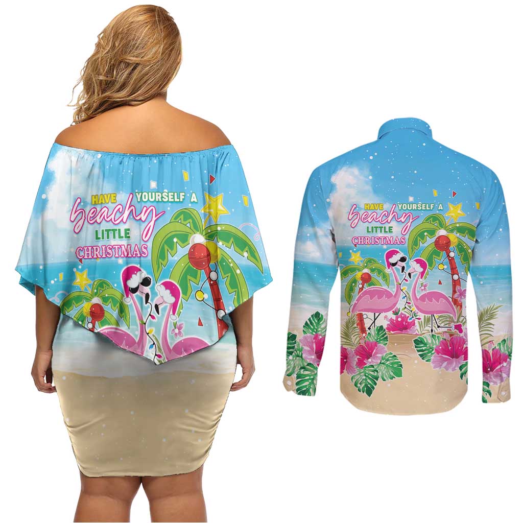 Hawaii Christmas Couples Matching Off Shoulder Short Dress and Long Sleeve Button Shirt Deck The Palms Holiday Flamingos LT05 - Wonder Print Shop
