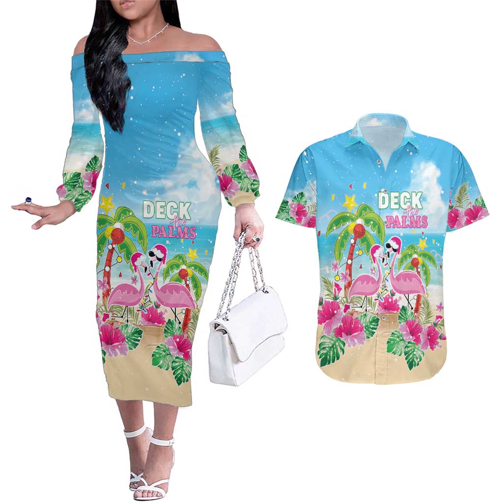 Hawaii Christmas Couples Matching Off The Shoulder Long Sleeve Dress and Hawaiian Shirt Deck The Palms Holiday Flamingos LT05 - Wonder Print Shop