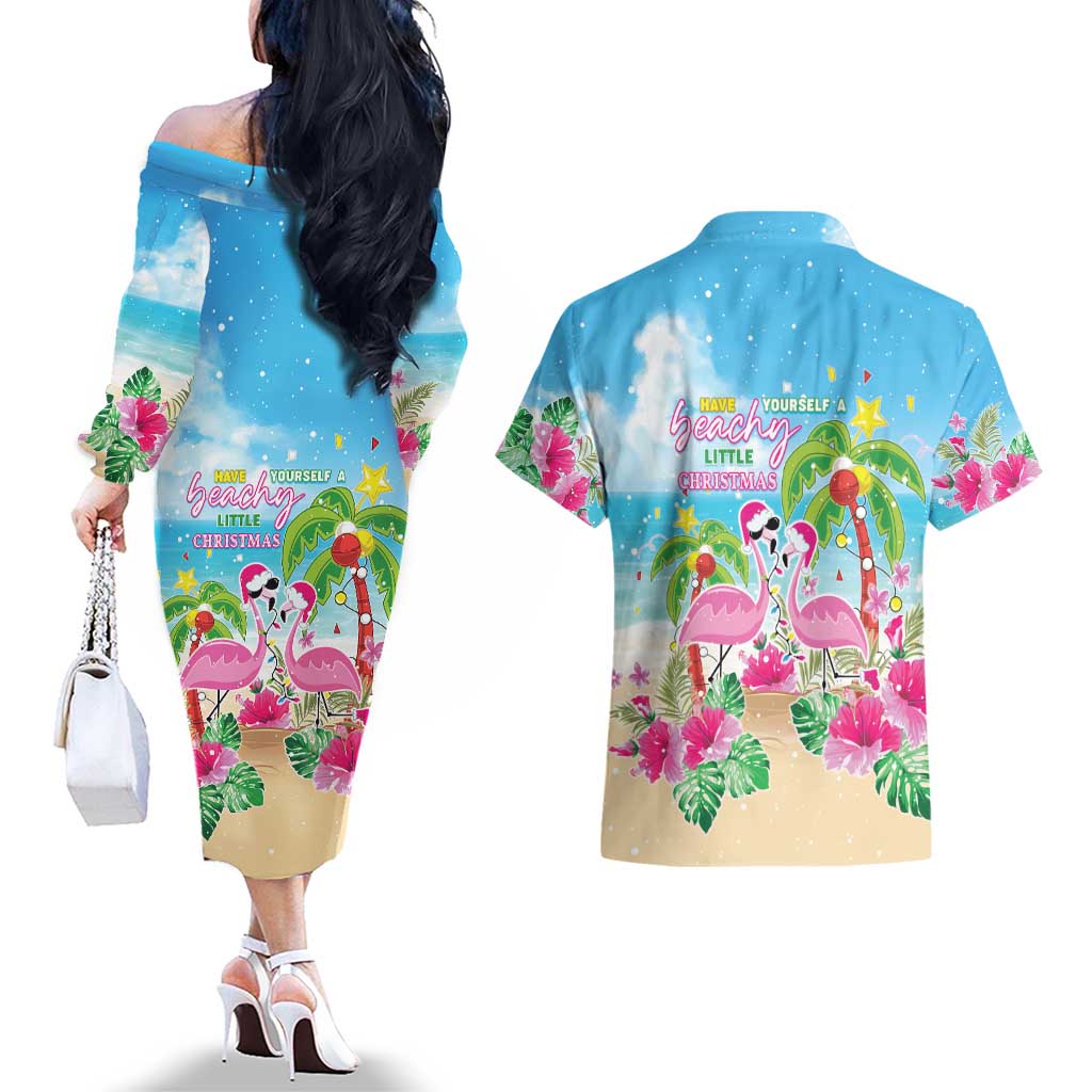 Hawaii Christmas Couples Matching Off The Shoulder Long Sleeve Dress and Hawaiian Shirt Deck The Palms Holiday Flamingos LT05 - Wonder Print Shop