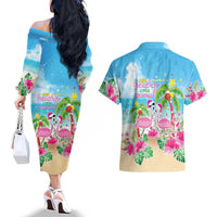 Hawaii Christmas Couples Matching Off The Shoulder Long Sleeve Dress and Hawaiian Shirt Deck The Palms Holiday Flamingos LT05 - Wonder Print Shop