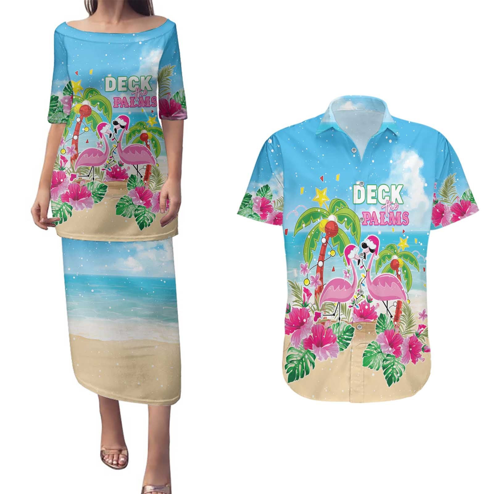 Hawaii Christmas Couples Matching Puletasi and Hawaiian Shirt Deck The Palms Holiday Flamingos LT05 - Wonder Print Shop