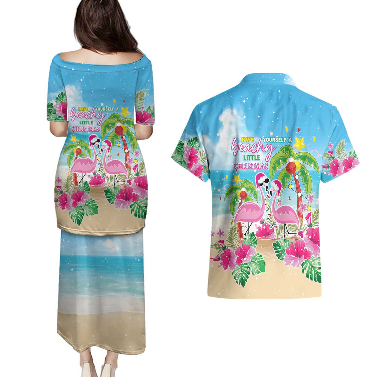 Hawaii Christmas Couples Matching Puletasi and Hawaiian Shirt Deck The Palms Holiday Flamingos LT05 - Wonder Print Shop