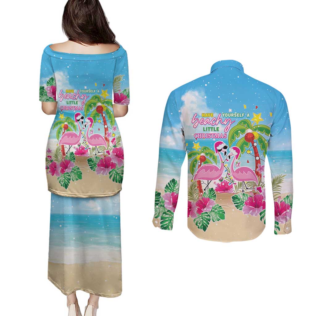 Hawaii Christmas Couples Matching Puletasi and Long Sleeve Button Shirt Deck The Palms Holiday Flamingos LT05 - Wonder Print Shop