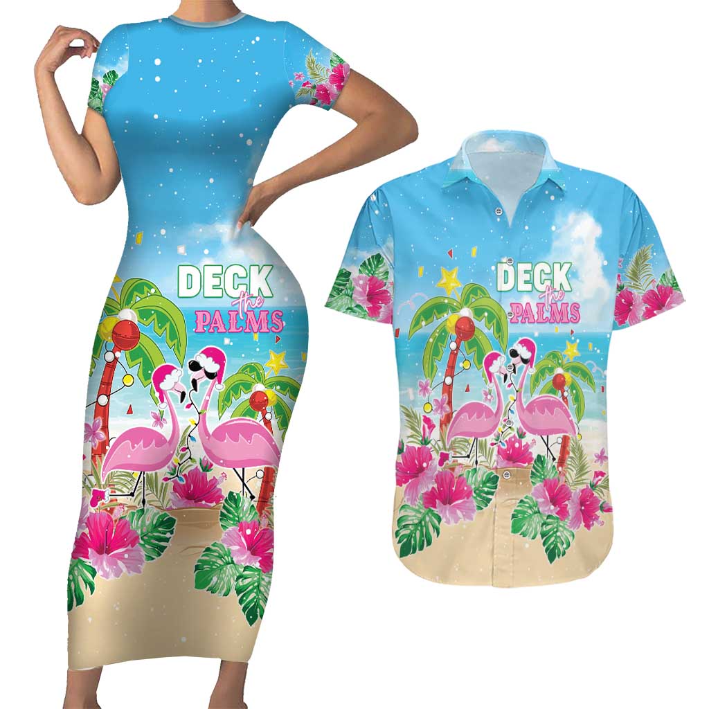 Hawaii Christmas Couples Matching Short Sleeve Bodycon Dress and Hawaiian Shirt Deck The Palms Holiday Flamingos LT05 - Wonder Print Shop