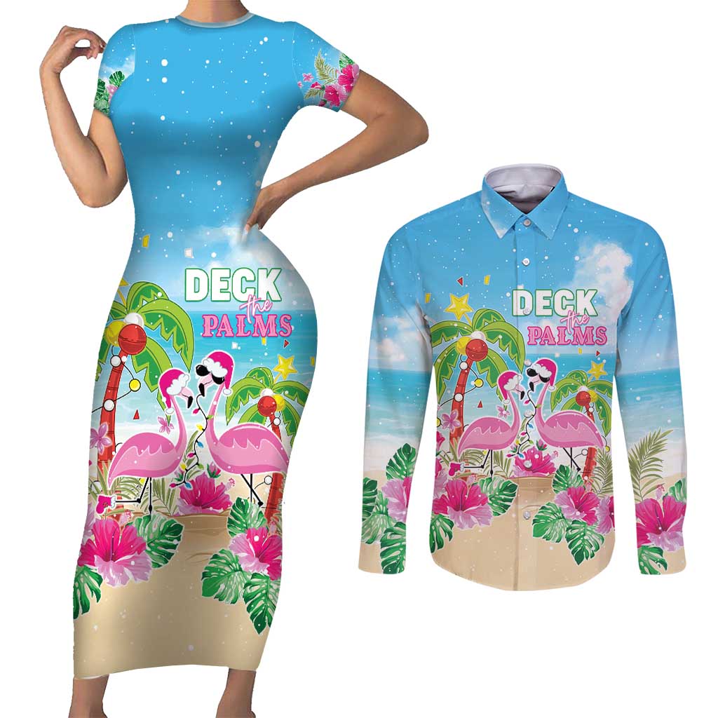 Hawaii Christmas Couples Matching Short Sleeve Bodycon Dress and Long Sleeve Button Shirt Deck The Palms Holiday Flamingos LT05 - Wonder Print Shop