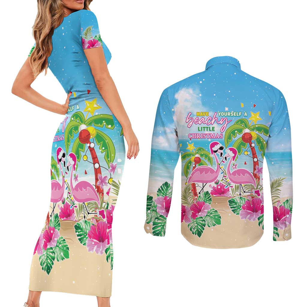 Hawaii Christmas Couples Matching Short Sleeve Bodycon Dress and Long Sleeve Button Shirt Deck The Palms Holiday Flamingos LT05 - Wonder Print Shop