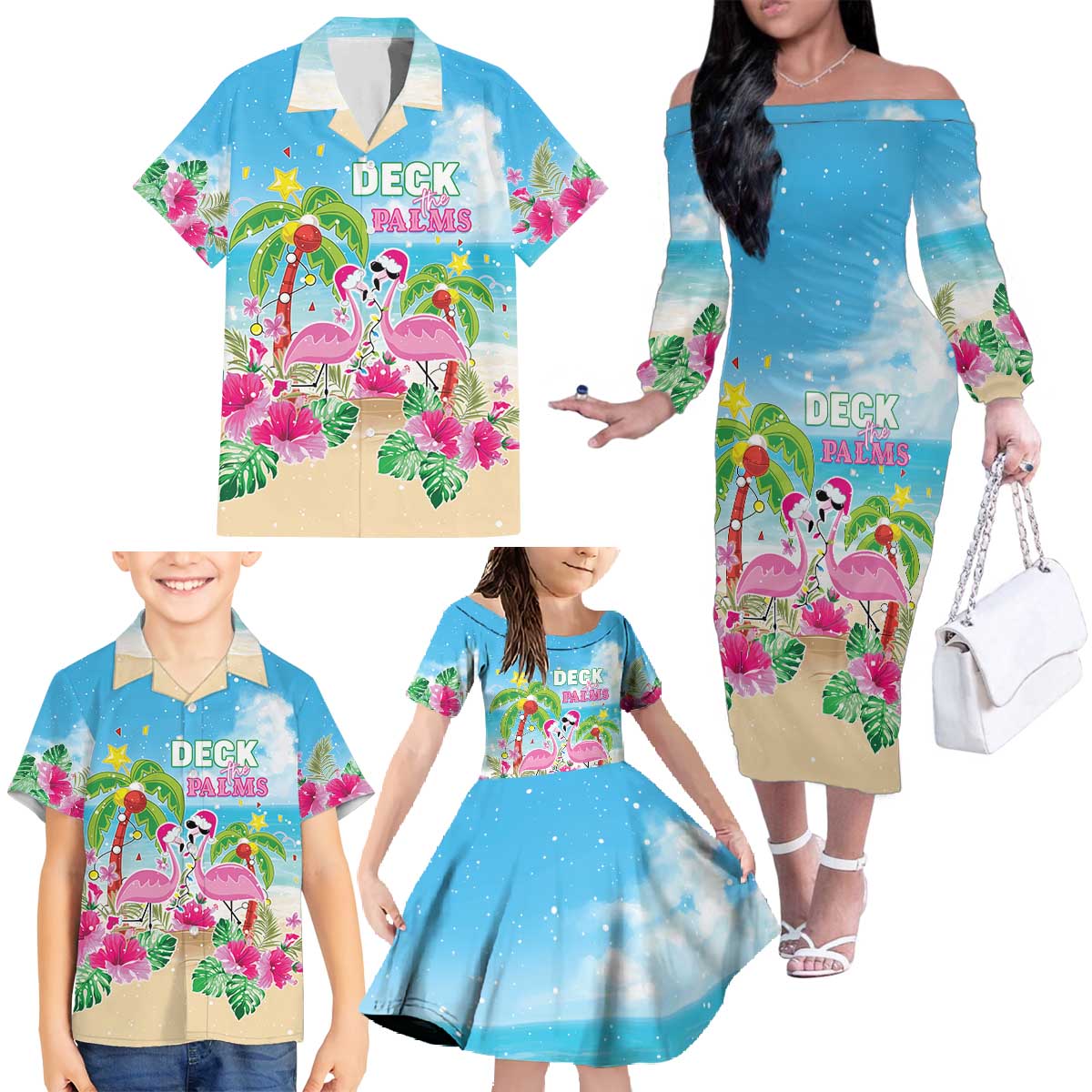 Hawaii Christmas Family Matching Off The Shoulder Long Sleeve Dress and Hawaiian Shirt Deck The Palms Holiday Flamingos LT05 - Wonder Print Shop