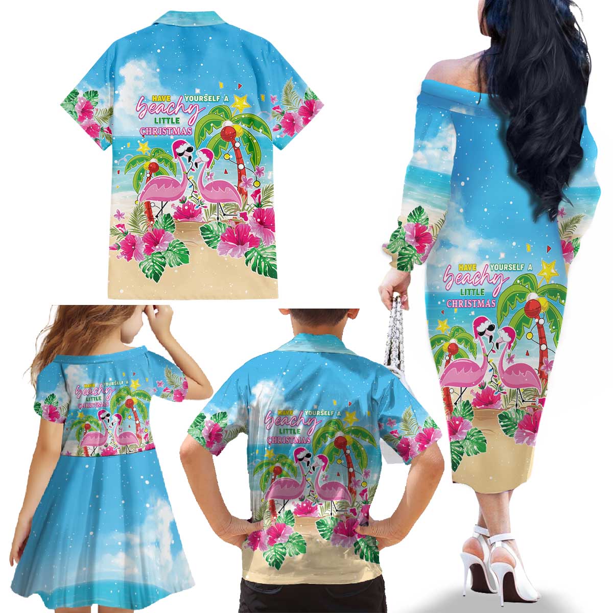 Hawaii Christmas Family Matching Off The Shoulder Long Sleeve Dress and Hawaiian Shirt Deck The Palms Holiday Flamingos LT05 - Wonder Print Shop