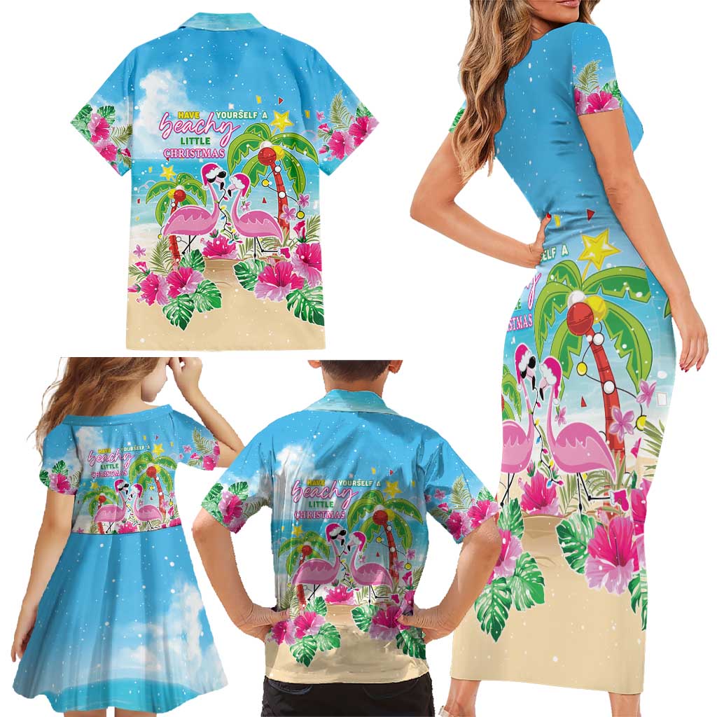 Hawaii Christmas Family Matching Short Sleeve Bodycon Dress and Hawaiian Shirt Deck The Palms Holiday Flamingos LT05 - Wonder Print Shop