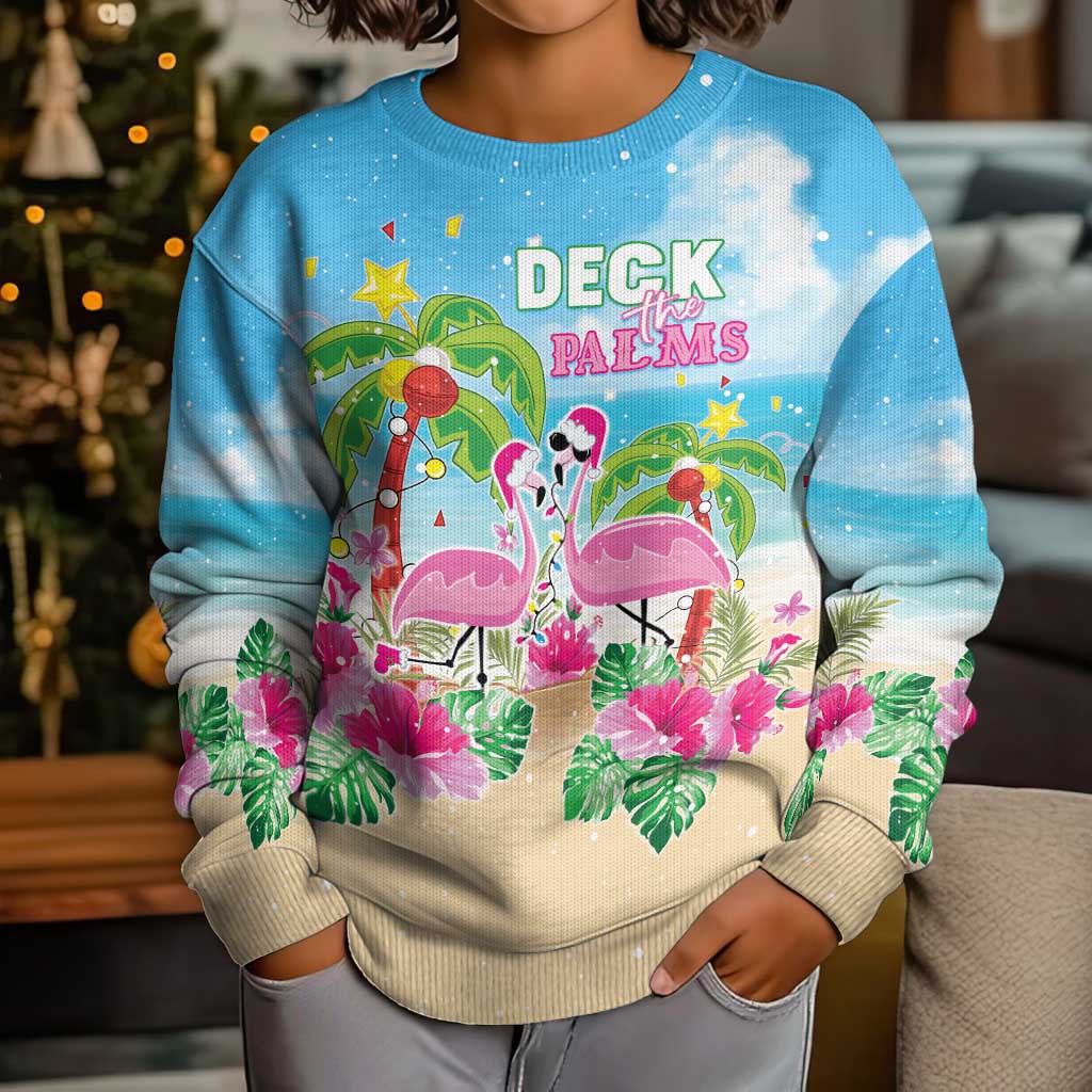 Hawaii Christmas Kid Ugly Christmas Sweater Deck The Palms Holiday Flamingos LT05 - Wonder Print Shop