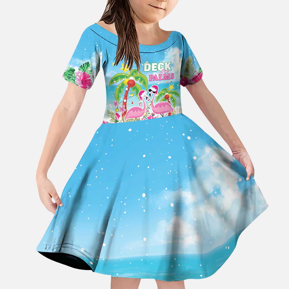 Hawaii Christmas Kid Short Sleeve Dress Deck The Palms Holiday Flamingos LT05 - Wonder Print Shop