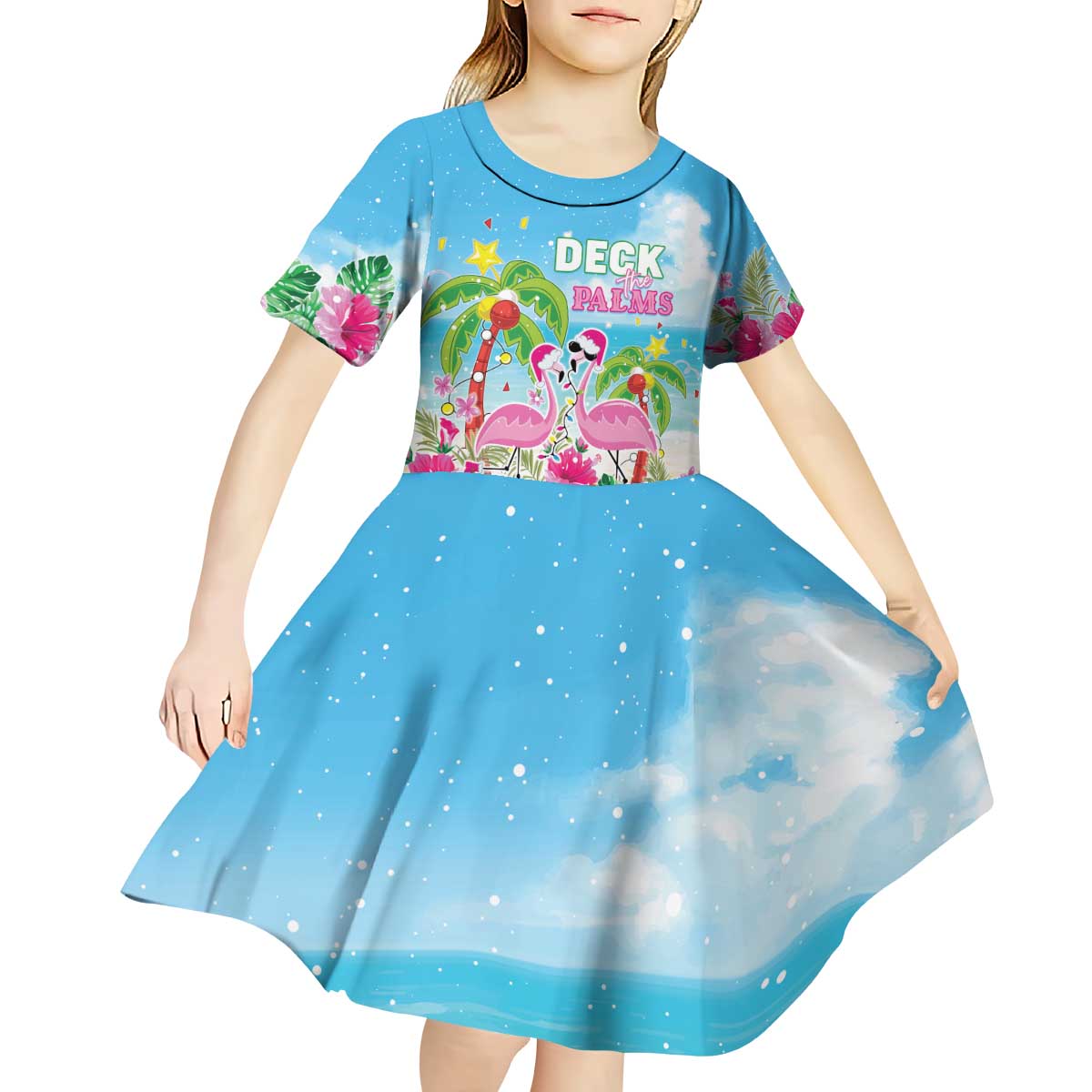 Hawaii Christmas Kid Short Sleeve Dress Deck The Palms Holiday Flamingos LT05 - Wonder Print Shop