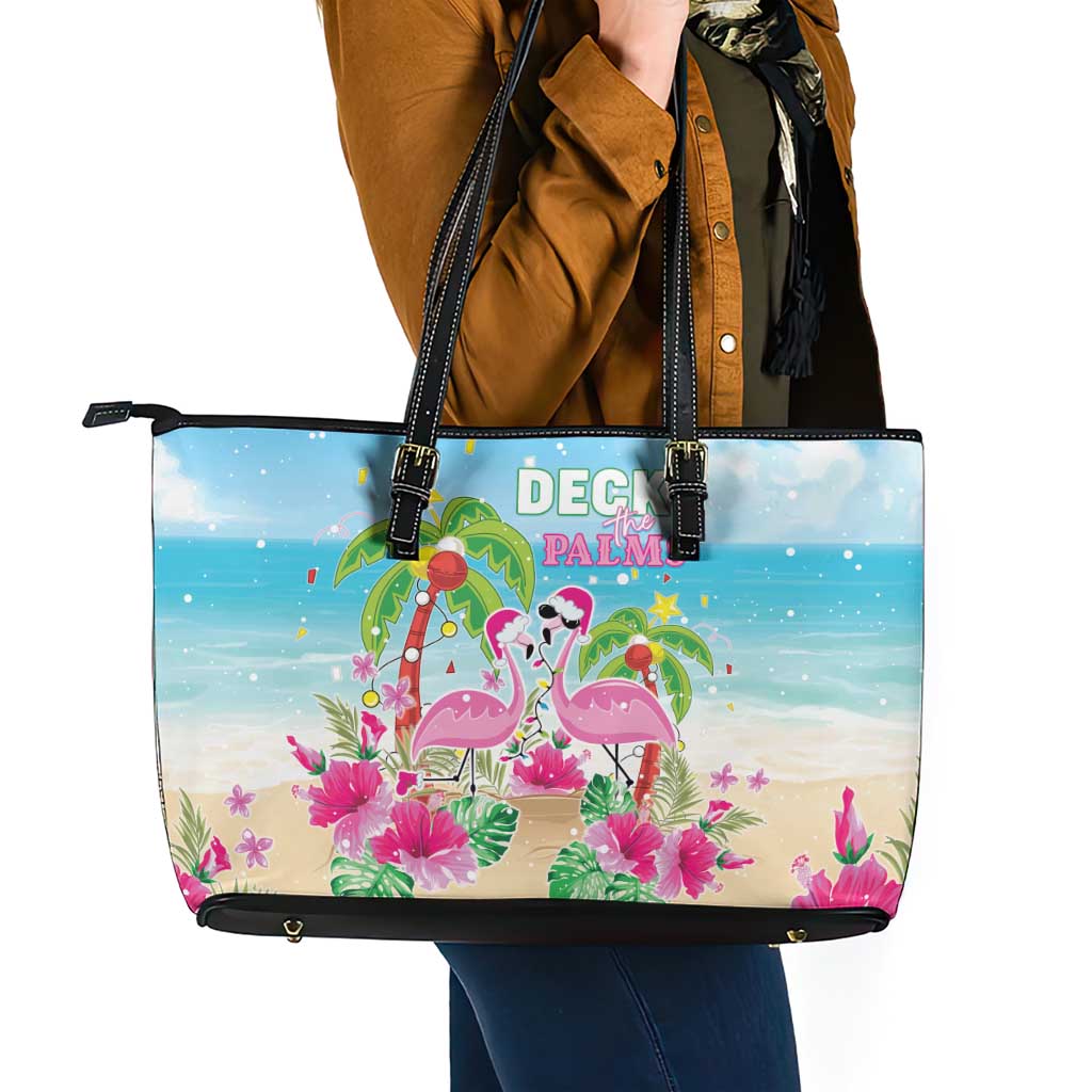 Hawaii Christmas Leather Tote Bag Deck The Palms Holiday Flamingos LT05 - Wonder Print Shop