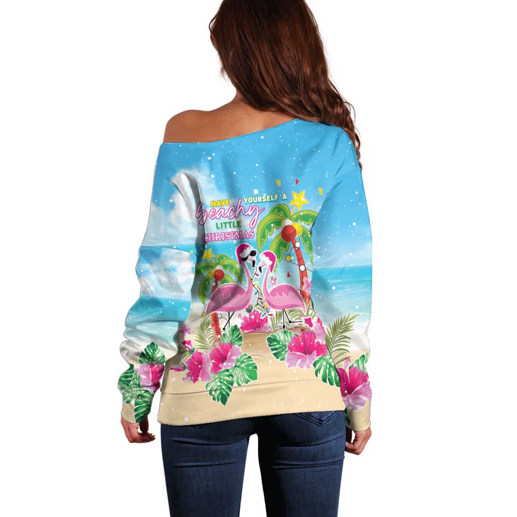 Hawaii Christmas Off Shoulder Sweater Deck The Palms Holiday Flamingos LT05 - Wonder Print Shop