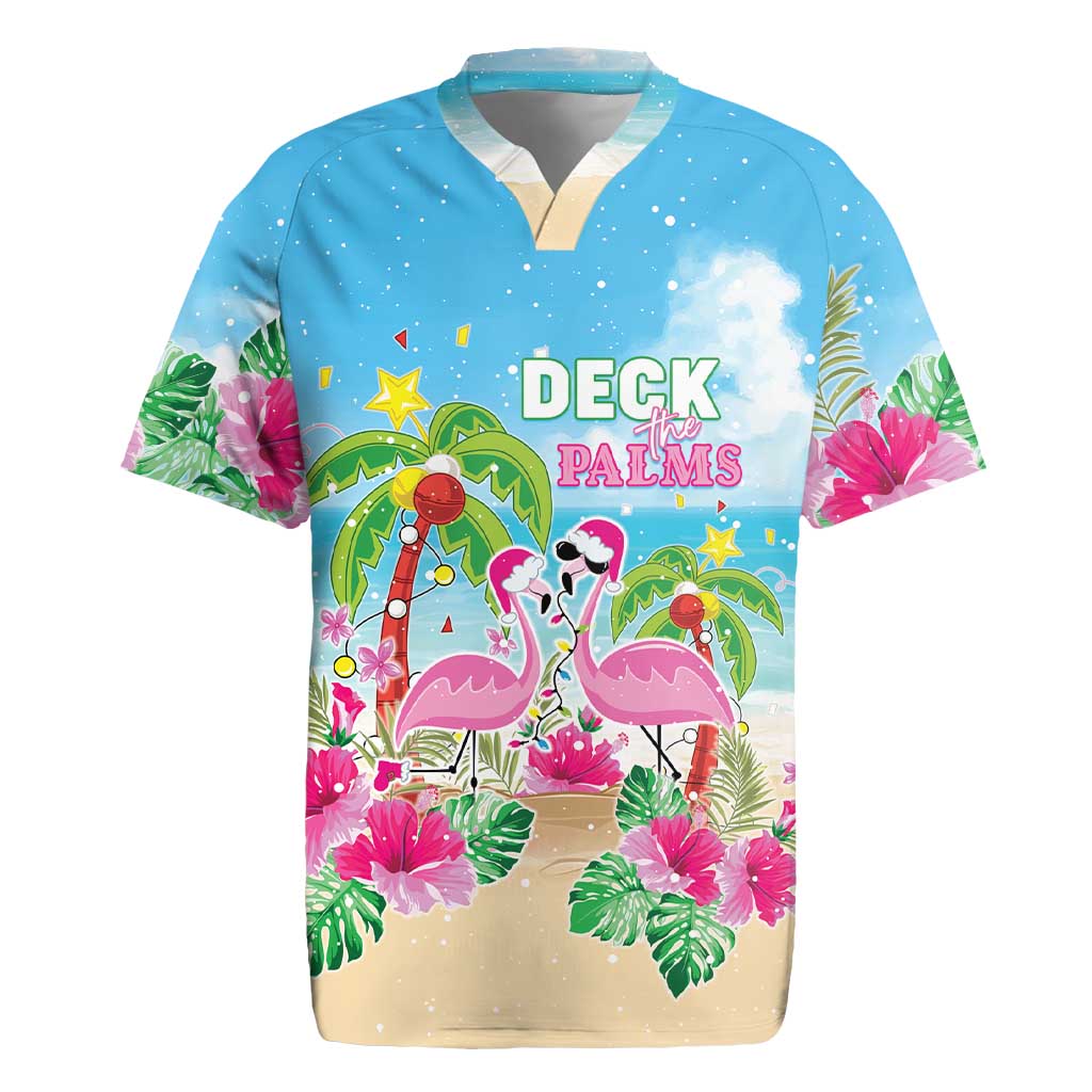 Hawaii Christmas Rugby Jersey Deck The Palms Holiday Flamingos LT05 - Wonder Print Shop