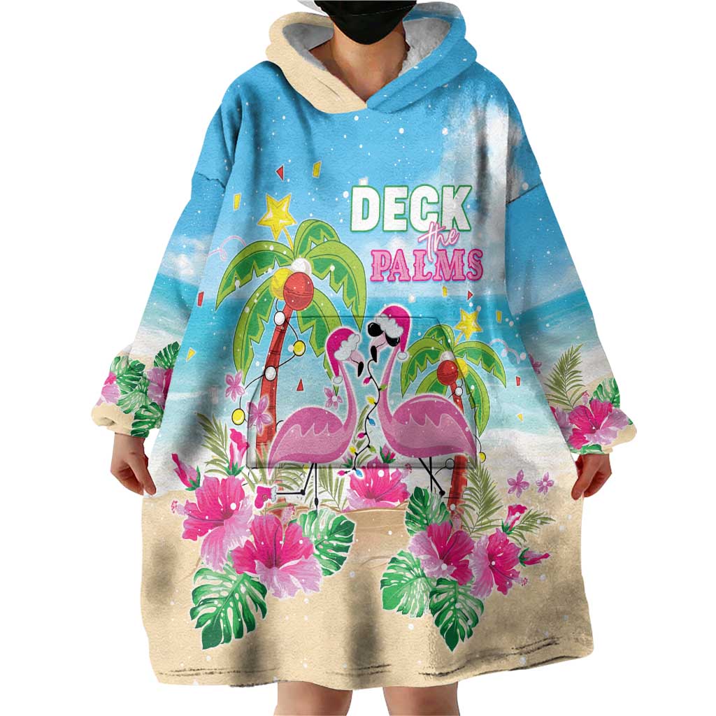 Hawaii Christmas Wearable Blanket Hoodie Deck The Palms Holiday Flamingos LT05 - Wonder Print Shop