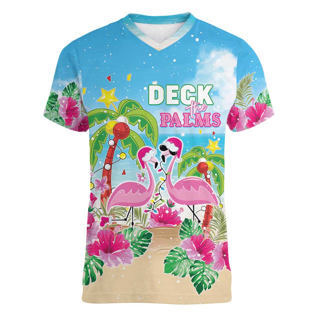 Hawaii Christmas Women V-Neck T-Shirt Deck The Palms Holiday Flamingos LT05 - Wonder Print Shop