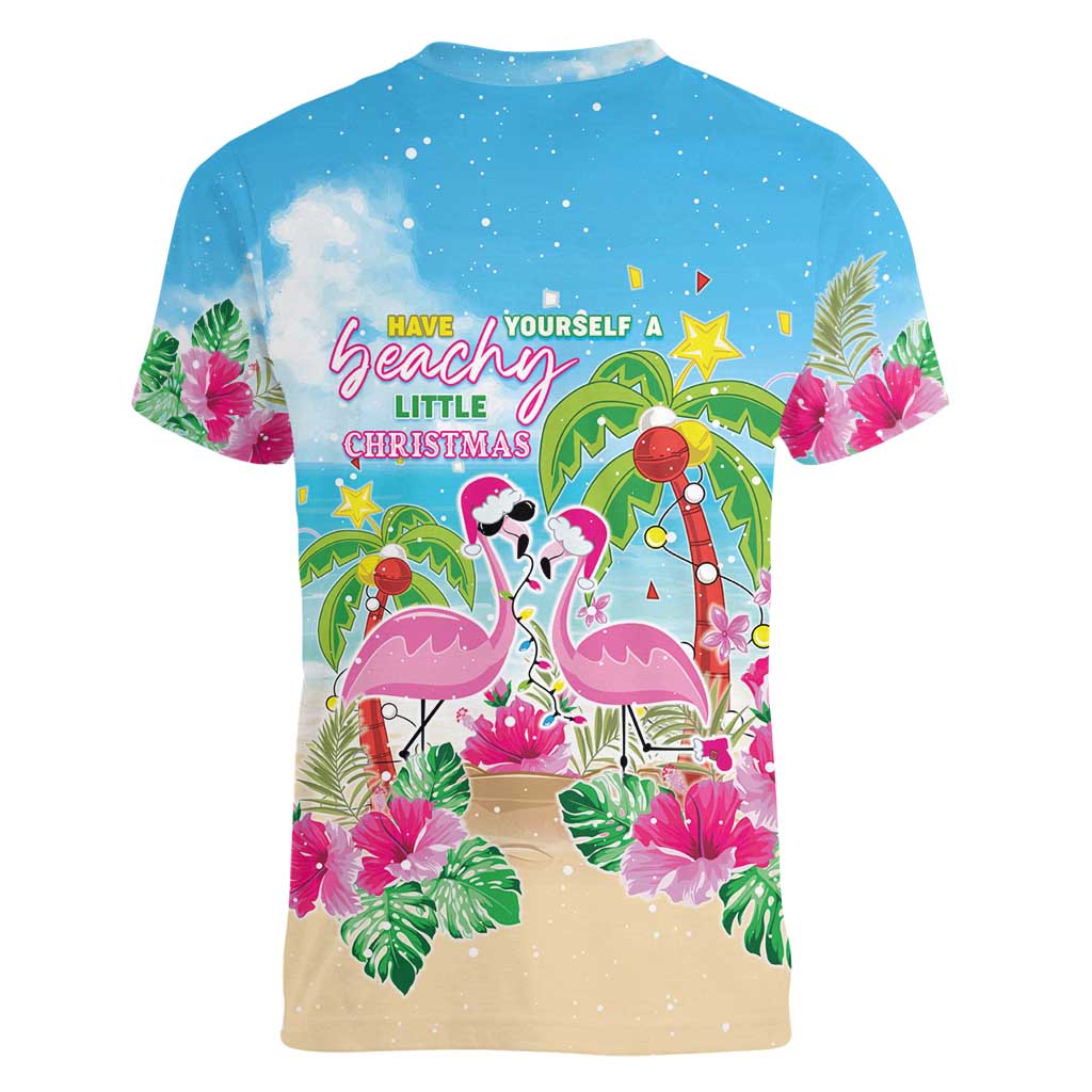 Hawaii Christmas Women V-Neck T-Shirt Deck The Palms Holiday Flamingos LT05 - Wonder Print Shop