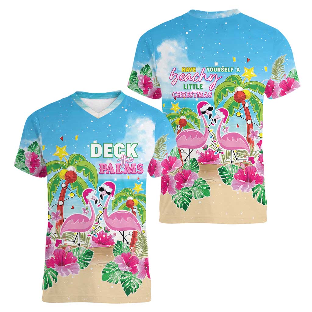 Hawaii Christmas Women V-Neck T-Shirt Deck The Palms Holiday Flamingos LT05 - Wonder Print Shop