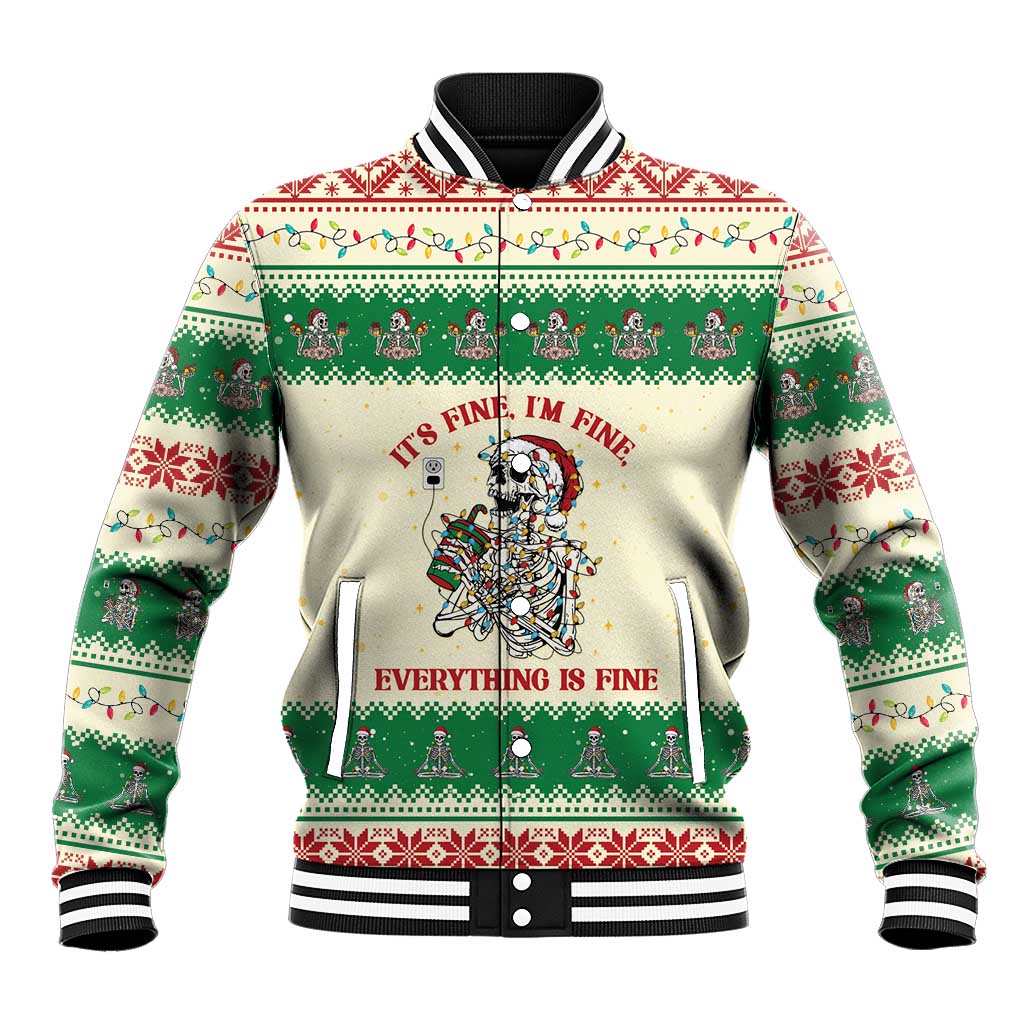 Funny Skeleton Christmas Baseball Jacket It's Fine I'm Fine Everything Is Fine - Wonder Print Shop